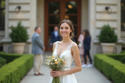 Femme souriante en robe blanche de mariage devant la mairie