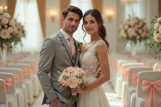 Jeune couple de mariés dans une salle élégante en intérieur