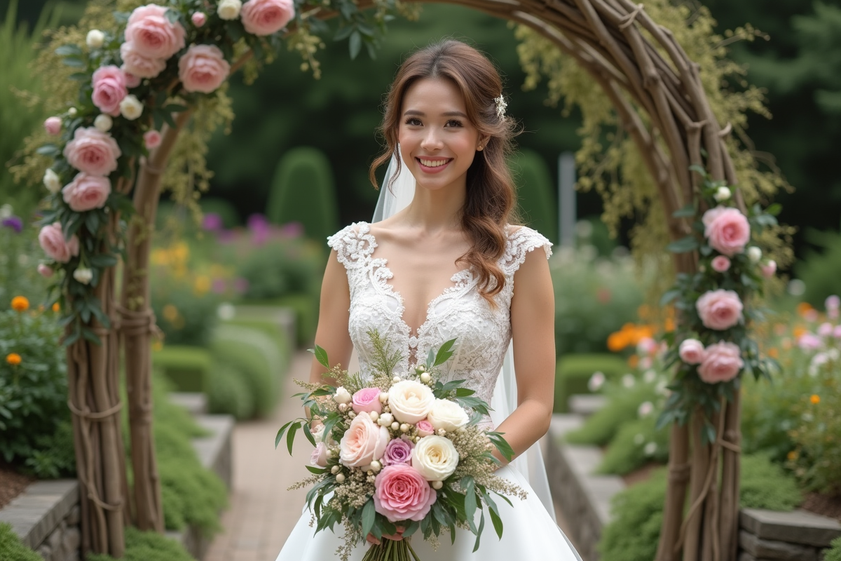 Mariée souriante en robe de dentelle blanche avec bouquet de fleurs