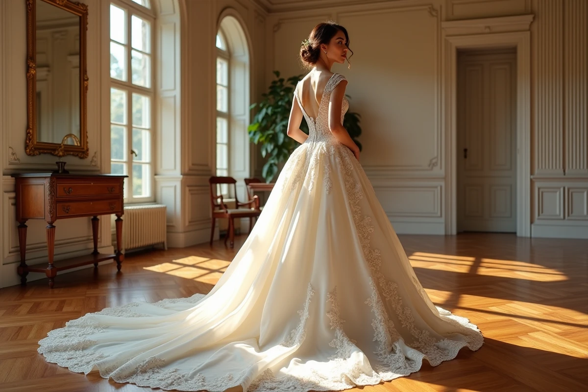Mari&eacute;e dans un salon historique portant une robe de mariage opulente