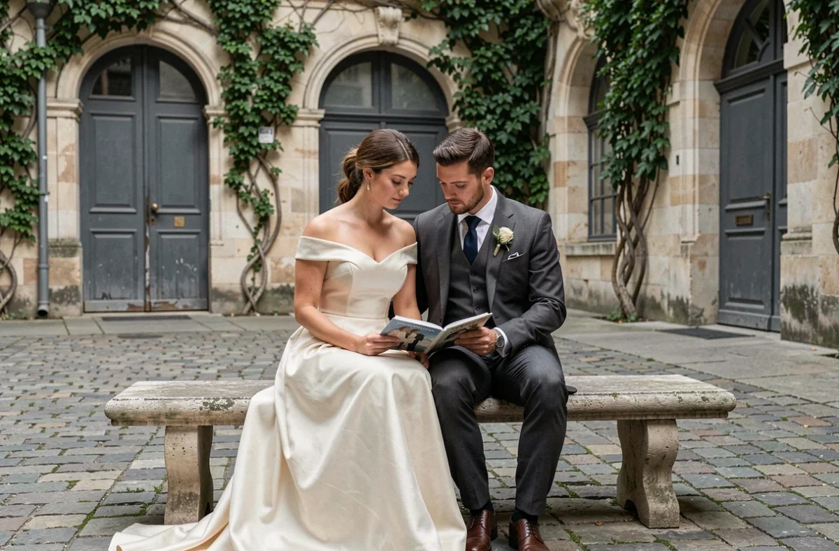 Mariés découvrant leur livre souvenir Little Story dans une cour parisienne historique