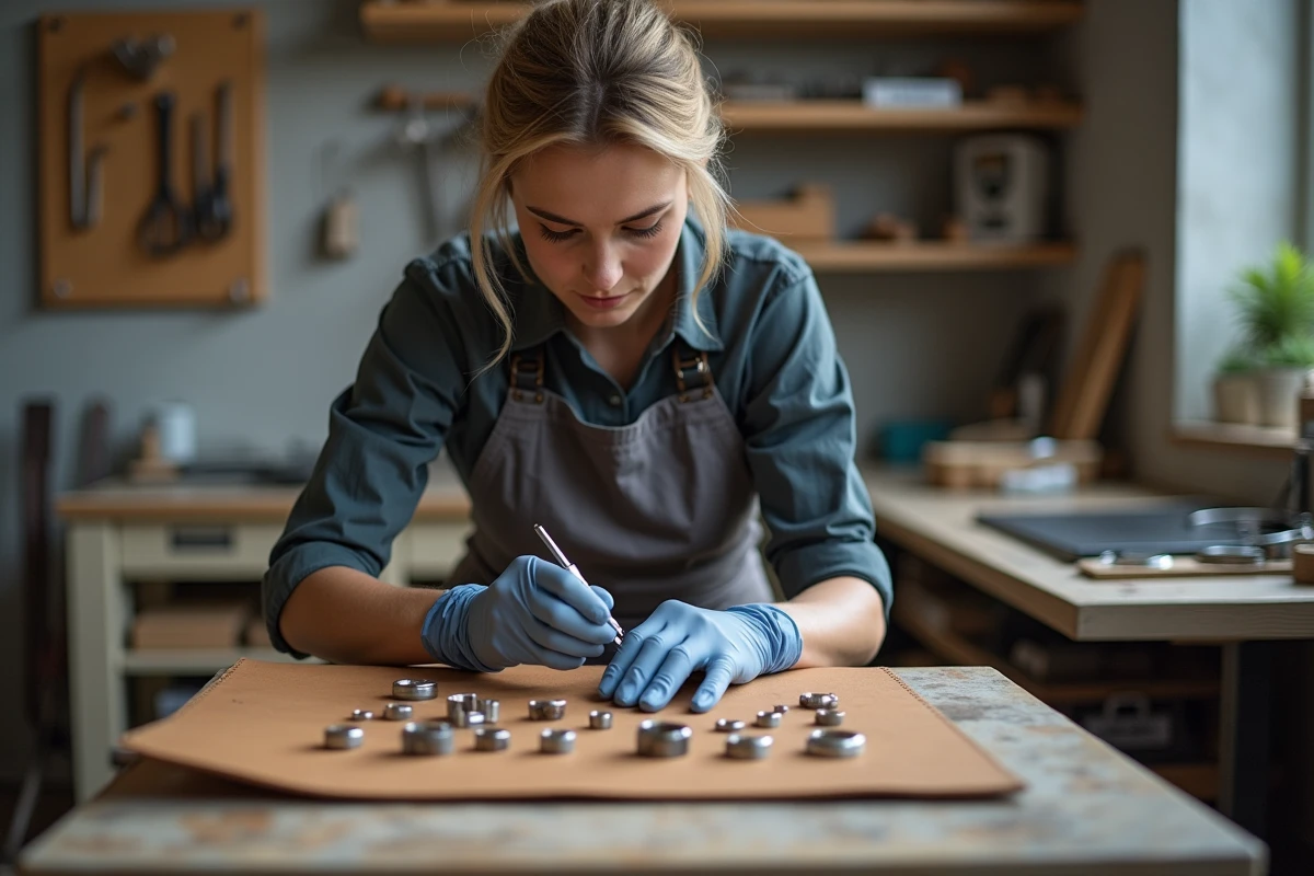 Bijoutière mesurant la taille de bague d'un client homme avec un anneau mesureur, dans un atelier de joaillerie artisanal