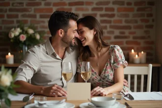 Couple célébrant un anniversaire de mariage intime à la maison avec champagne et roses, rituel de mini-noces
