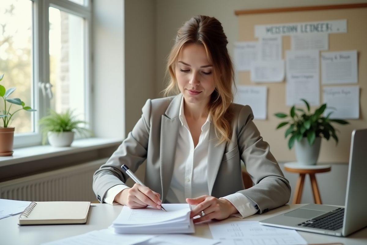 Organisatrice de mariage en bureau moderne avec contrats