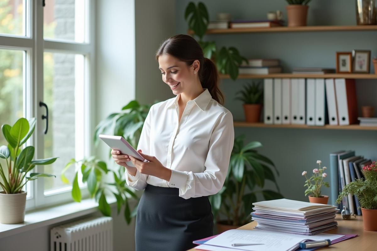 Organisatrice de mariage vérifie une liste dans un bureau moderne