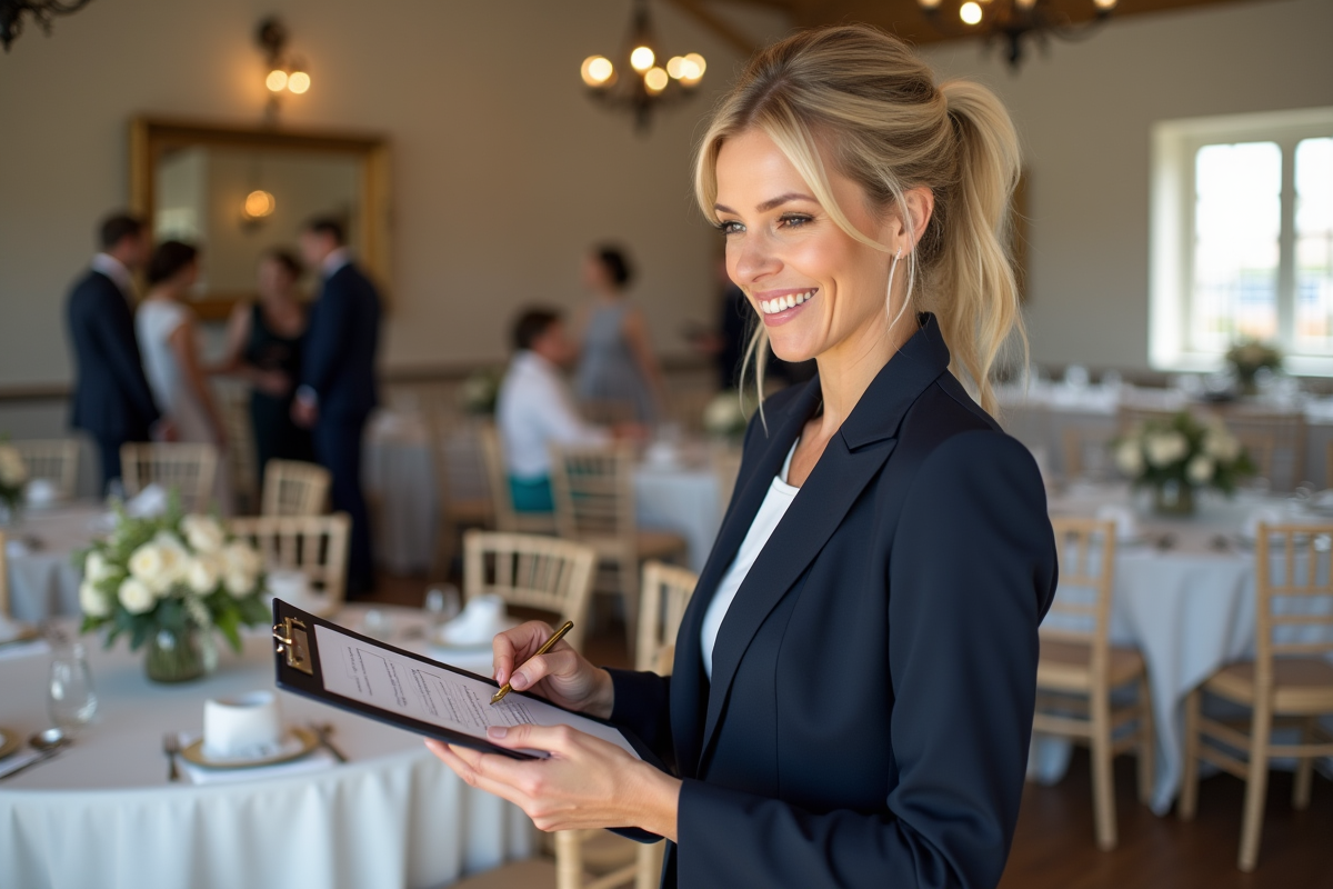 Organisatrice de mariage en tailleur navy souriante