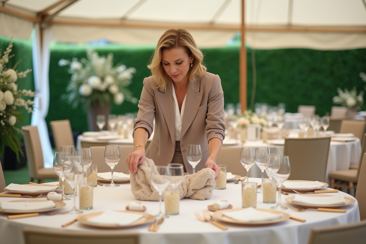 Femme organisant la décoration de la table de mariage en extérieur
