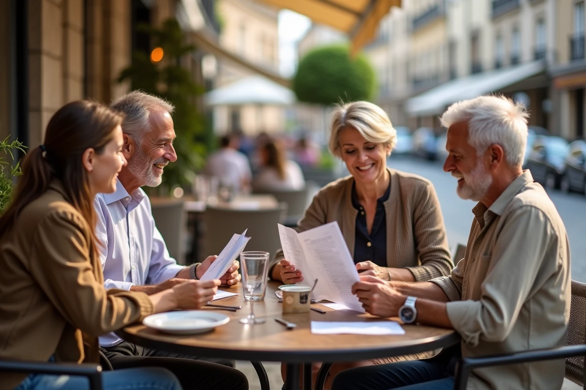Parents et jeune couple discutant au café en ville