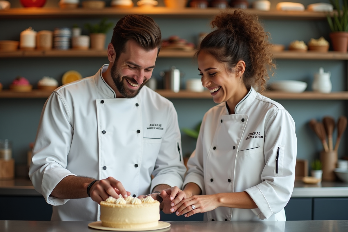 Couple en cuisine décorant un gâteau ensemble