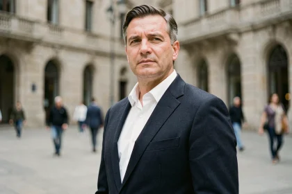 Portrait éditorial d'un homme élégant en costume sombre dans un cadre urbain, illustrant une personnalité publique médiatique québécoise
