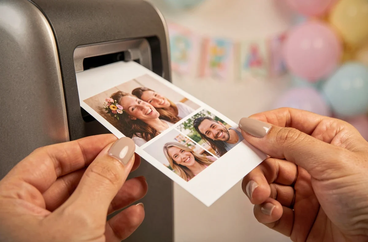 Photo strip de haute qualité imprimée par un photobooth shootnbox tenue par des mains féminines lors d'une fête