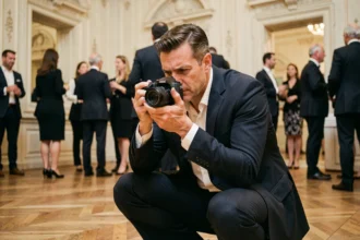 Photographe événementiel professionnel en action lors d'une réception élégante à Lyon