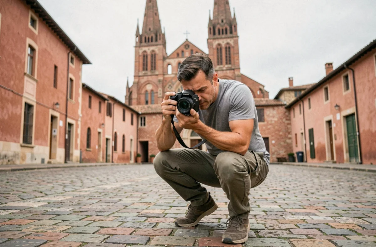 Photographe masculin en train de photographier en extérieur dans la vieille ville d'Albi avec la cathédrale en arrière-plan