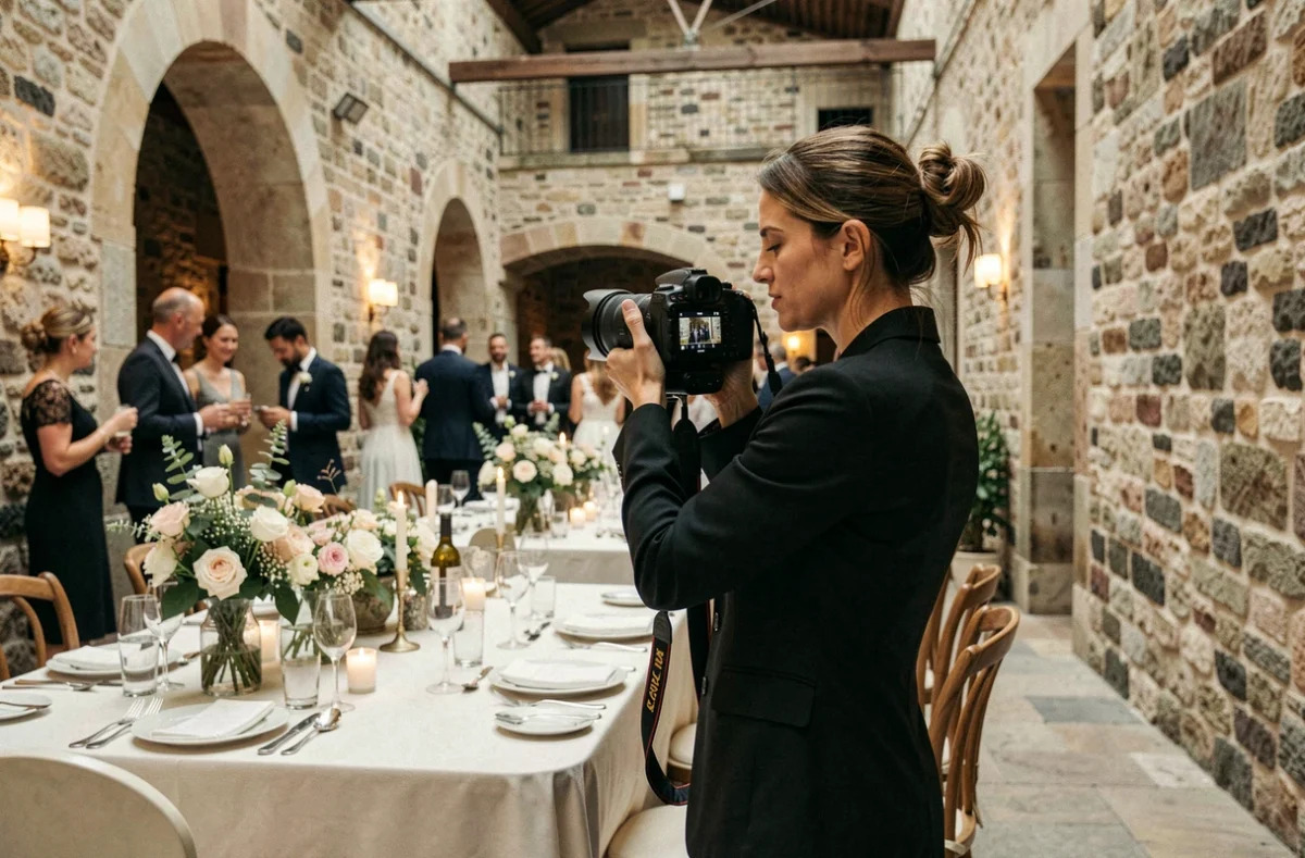 Photographe de mariage femme vérifiant ses clichés lors d'une réception à Lyon