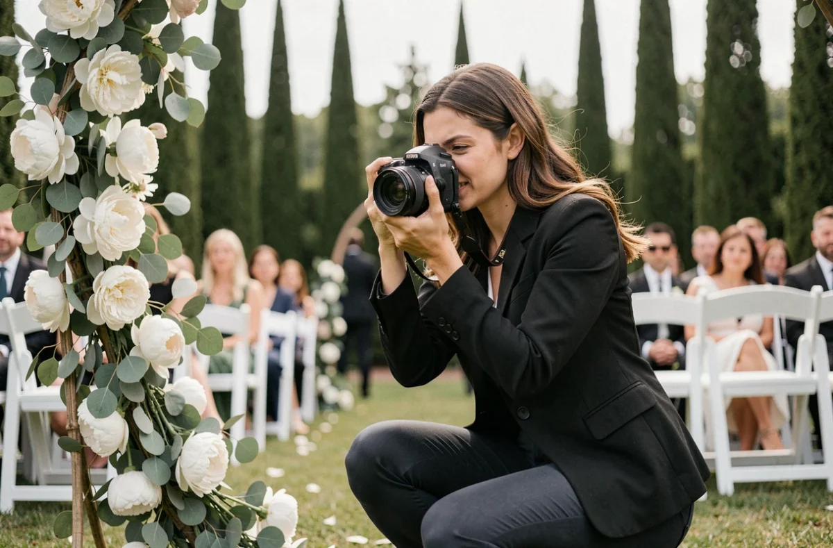 Photographe de mariage professionnelle en action lors d'une cérémonie en plein air