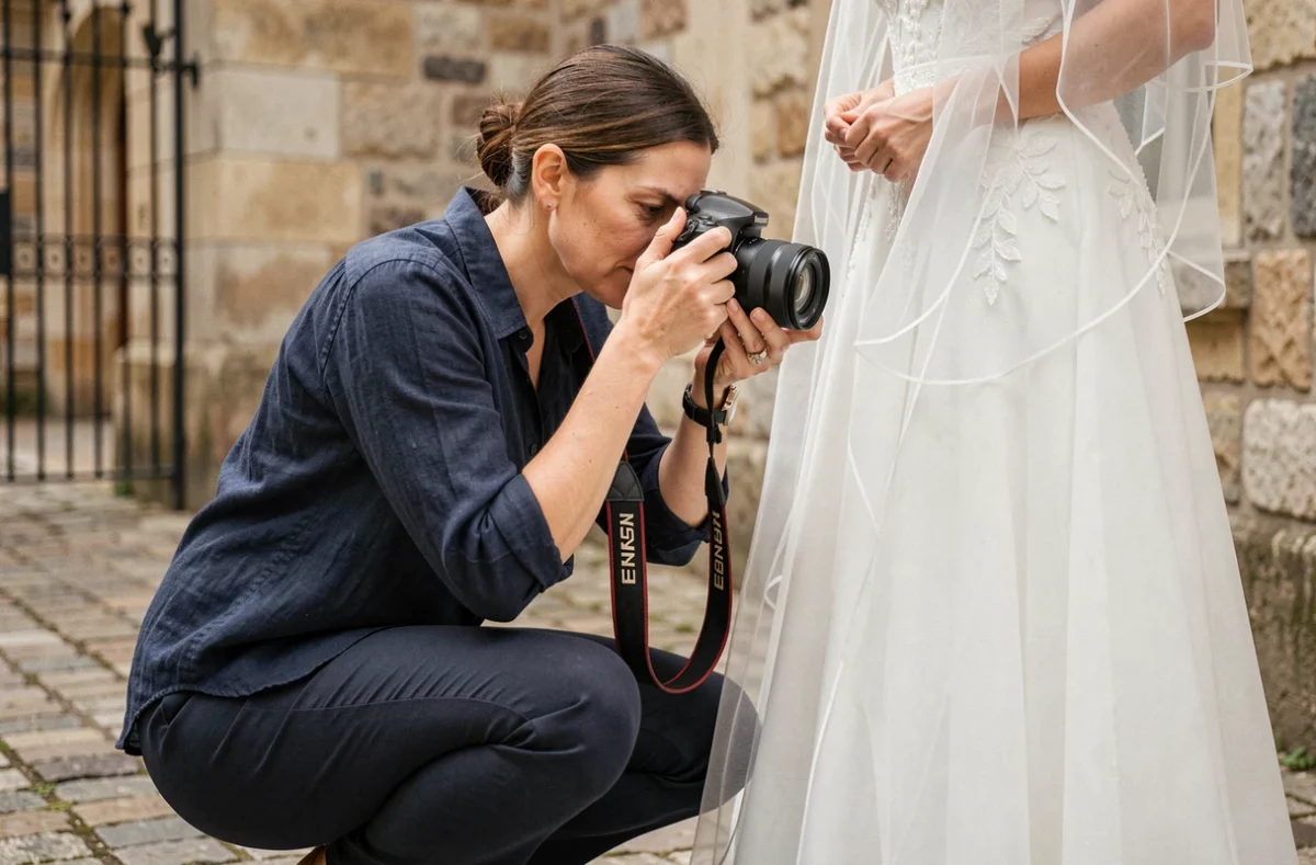 Photographe de mariage professionnelle en action dans une cour pavée à Compiègne