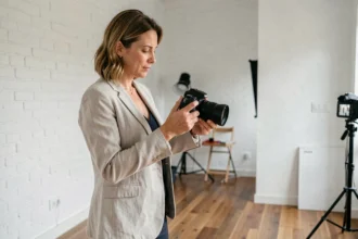 Photographe professionnelle à Narbonne révisant ses photos dans un studio moderne