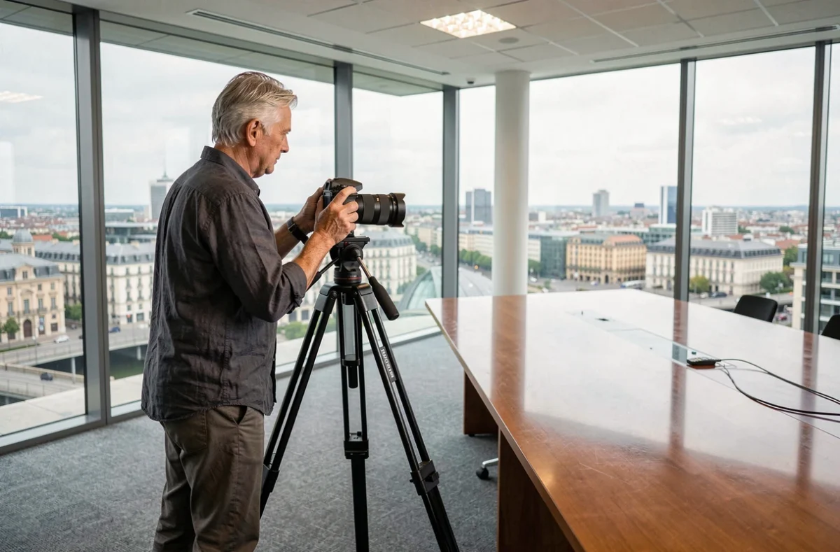 Photographe professionnel préparant son équipement avant un événement d'entreprise à Lyon