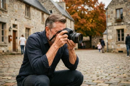 Photographe professionnel en action lors d'un événement en plein air à Combourg, avec l'architecture médiévale bretonne en arrière-plan