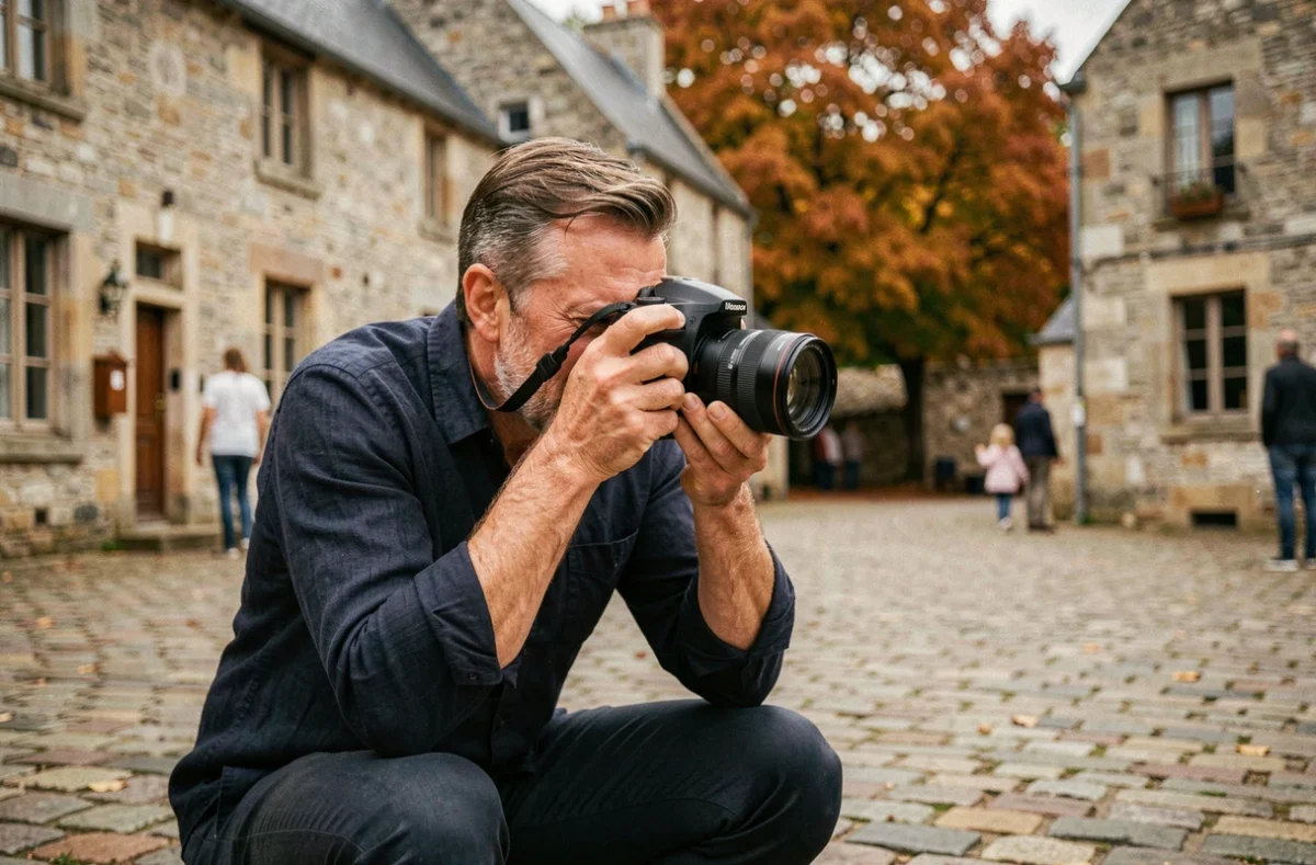 Photographe professionnel en action lors d'un événement en plein air à Combourg, avec l'architecture médiévale bretonne en arrière-plan