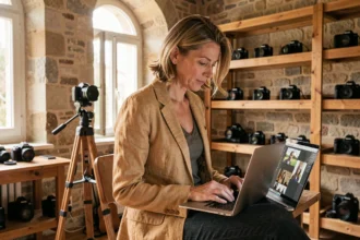 Photographe professionnelle travaillant dans son studio à Albi, en train de retoucher des photos sur un ordinateur portable