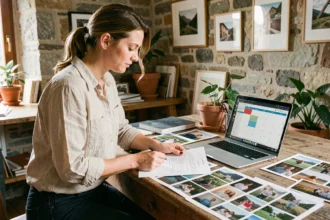 Photographe professionnelle à La Roche-sur-Foron révisant un contrat de réservation dans son studio