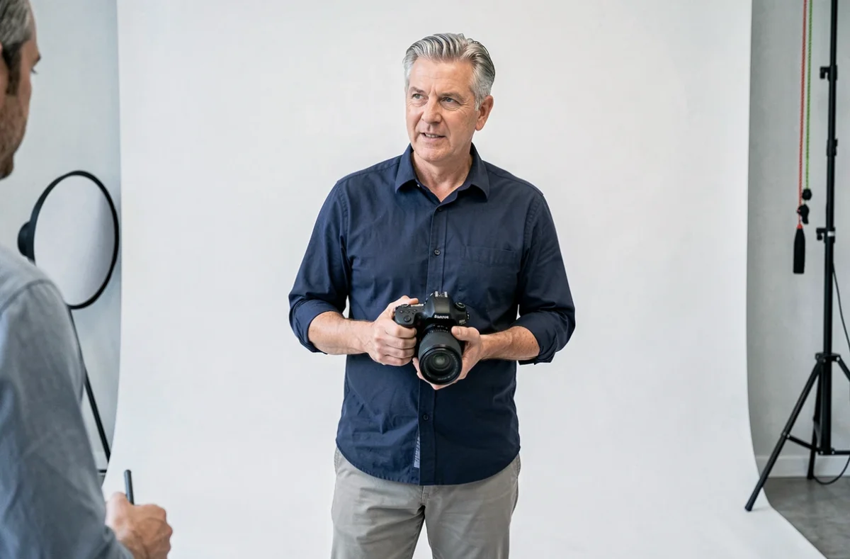Photographe expérimenté posant dans son studio professionnel équipé à Albi, prêt pour une séance photo