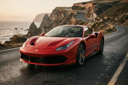 Photographe voiture de sport : Ferrari 488 rouge sur route côtière vue en trois quarts avant