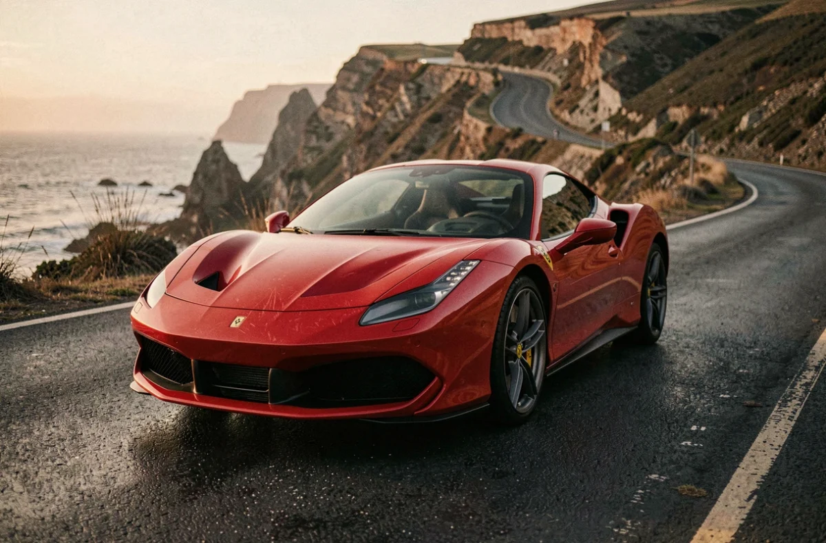 Photographe voiture de sport : Ferrari 488 rouge sur route côtière vue en trois quarts avant