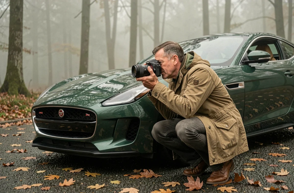 Photographe automobile professionnel en action avec une Jaguar F-Type verte en forêt automnale brumeuse