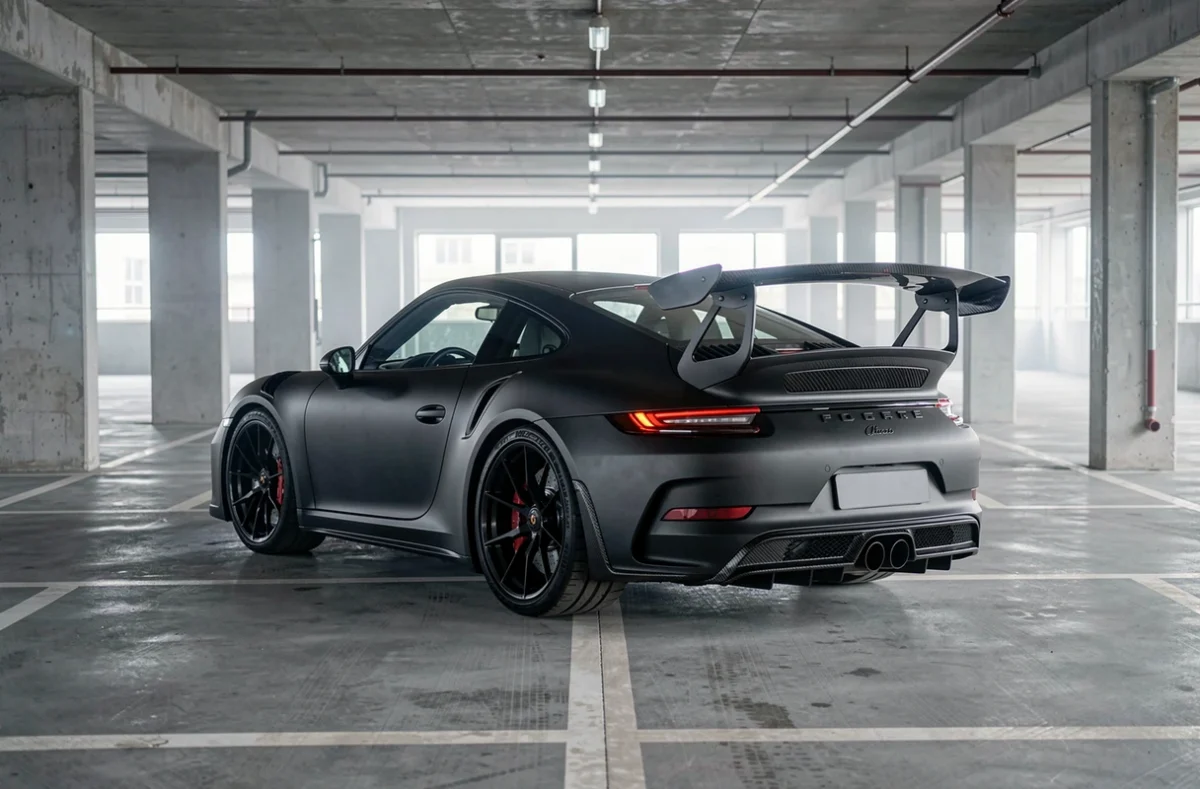 Porsche 911 GT3 RS noire mate dans un parking urbain en béton, photographie automobile professionnelle