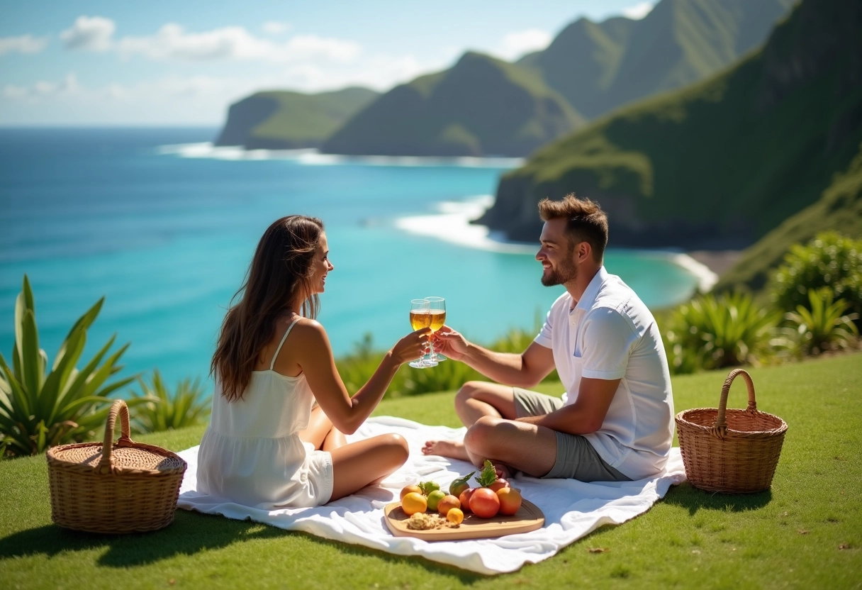 Couple en pique-nique sur une falaise à Kauai