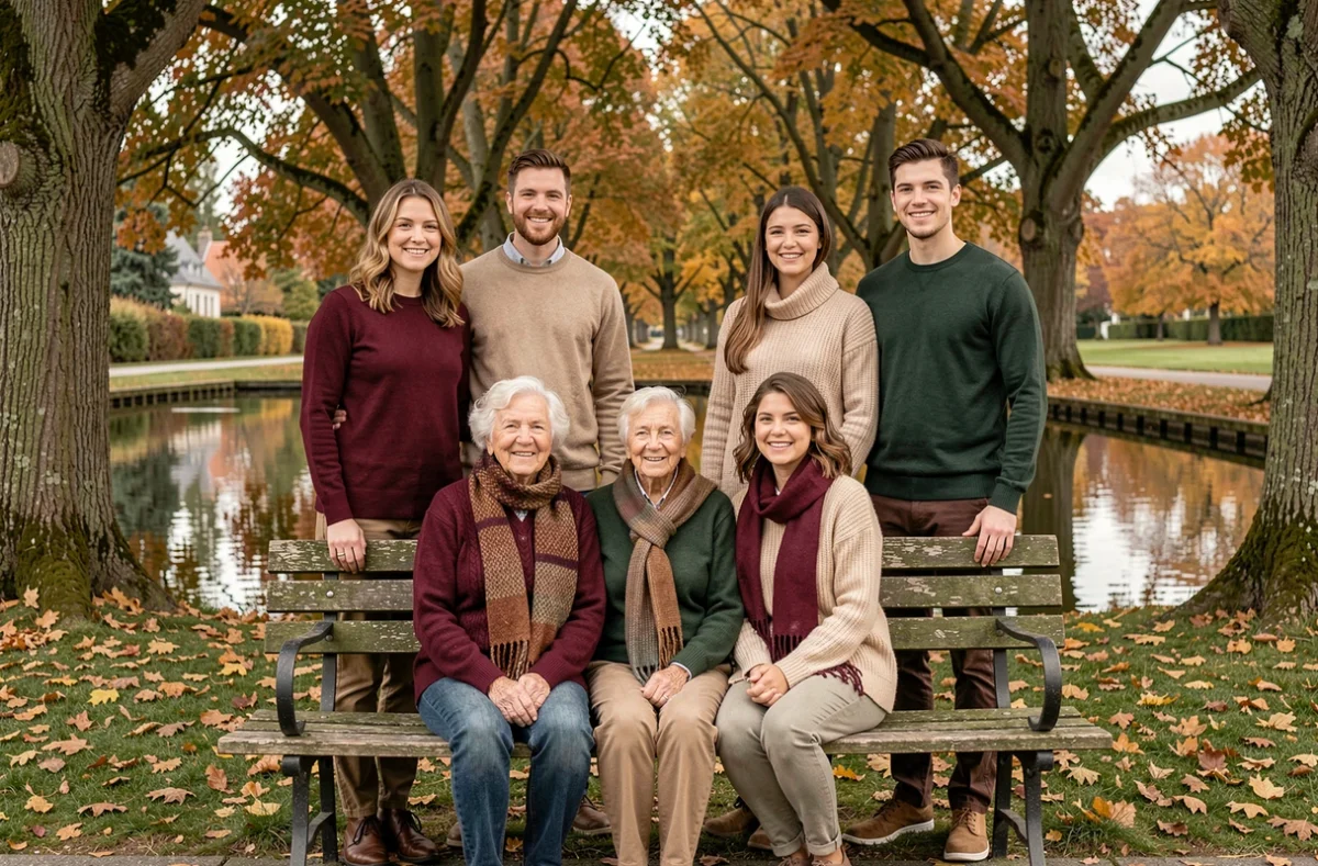 Portrait de famille multigénérationnelle dans un parc de Combourg lors d'une séance photo en automne