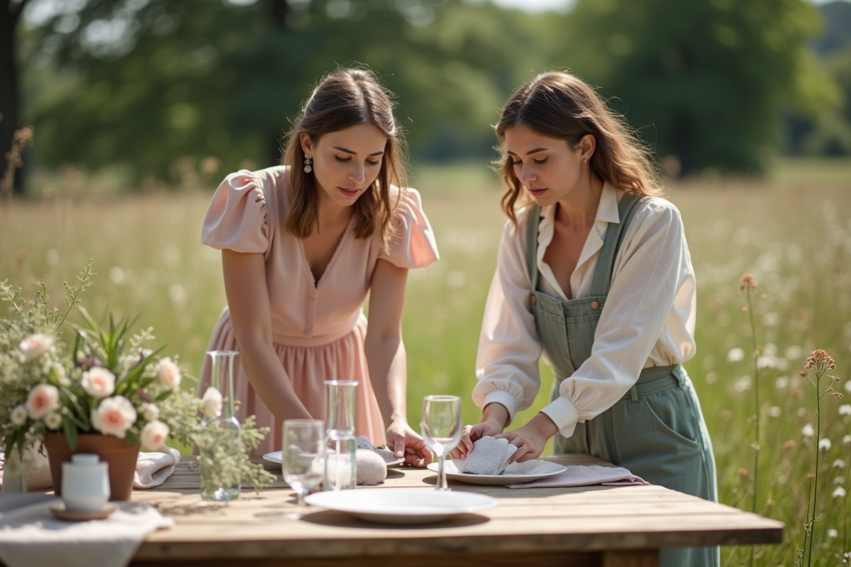 Deux femmes préparent une table de réception en extérieur