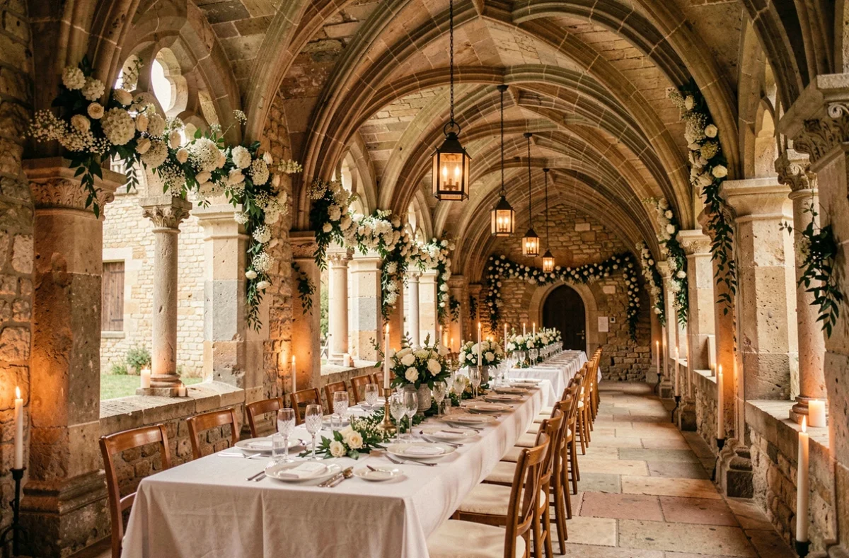 Cloître en pierre du Prieuré de Vernelle décoré pour un mariage avec lanternes et fleurs blanches