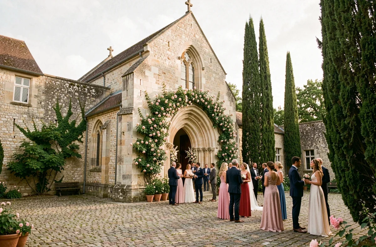 Chapelle romane du Prieuré de Saint-Cyr en Seine-et-Marne décorée avec des roses pour une cérémonie de mariage