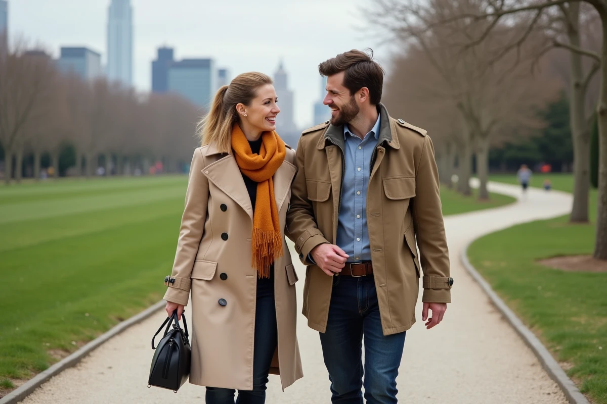 Femme et homme marchant dans un parc urbain en riant