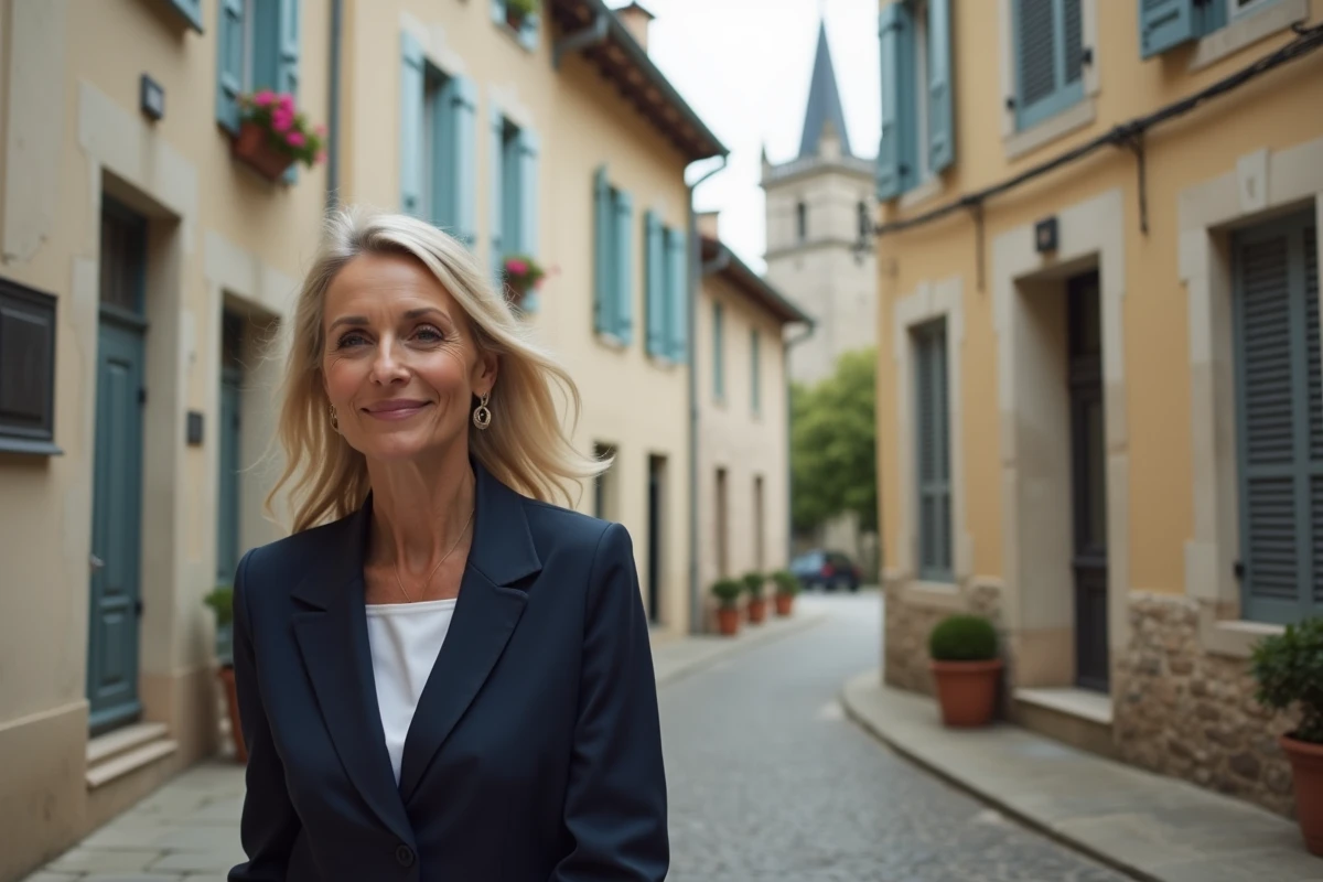 Femme élégante se promenant dans un village de province française, symbolisant l'attachement de Sophie Jovillard à une vie authentique et équilibrée en dehors de la télévision