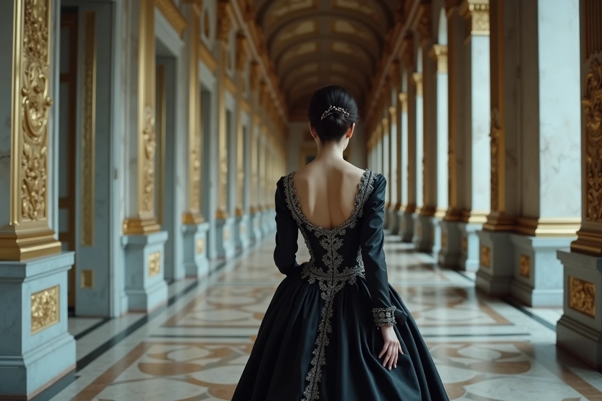 Femme en robe de deuil du XVIIe siècle dans un long couloir de palais baroque doré, symbolisant l'isolement de la reine à la cour de Versailles