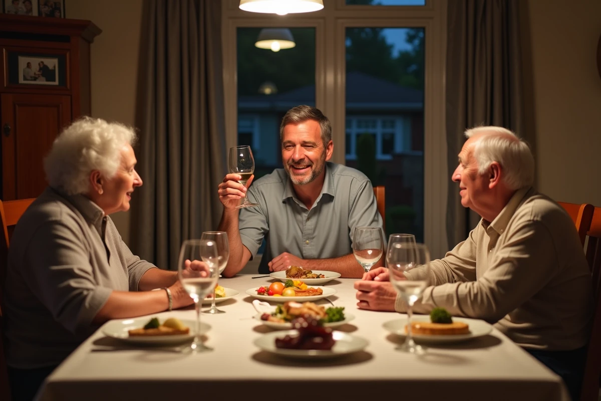 Famille réunie autour d'une table après un dîner, un homme portant un toast de remerciements aux hôtes âgés dans un décor traditionnel