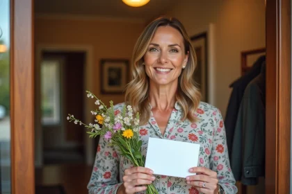 Femme souriante remettant une carte de remerciements et des fleurs à la porte d'entrée d'une maison chaleureuse après un dîner