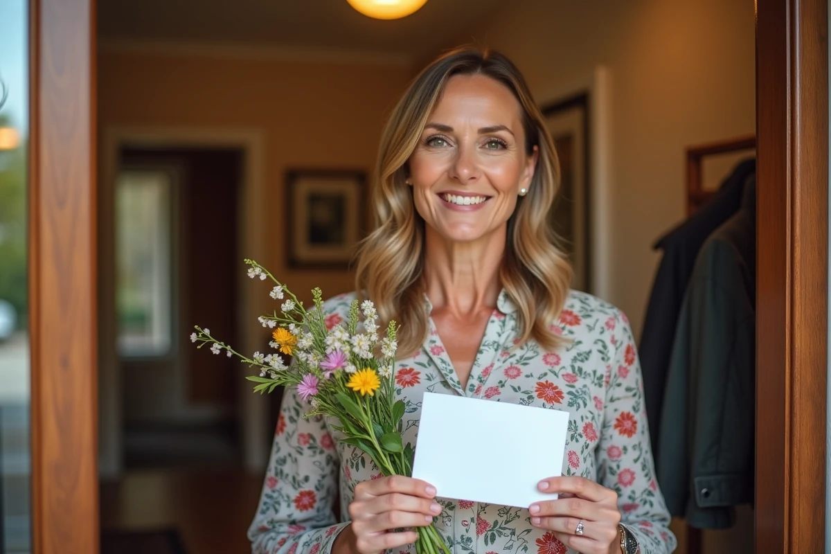 Femme souriante remettant une carte de remerciements et des fleurs à la porte d'entrée d'une maison chaleureuse après un dîner