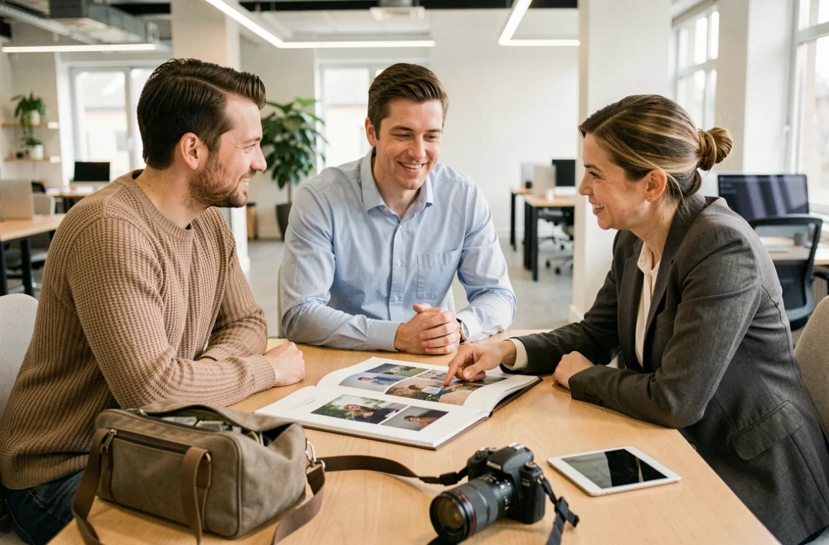 Couple en réunion avec une photographe professionnelle pour discuter d'un projet photo à Albi
