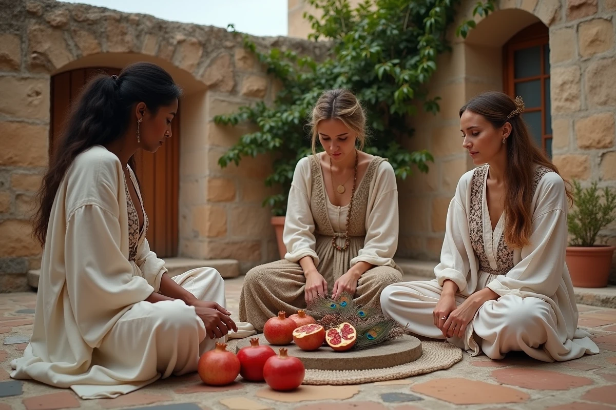 Trois femmes d'âges divers réunies autour d'un autel avec grenades et plumes de paon, rituel dédié à la déesse Héra