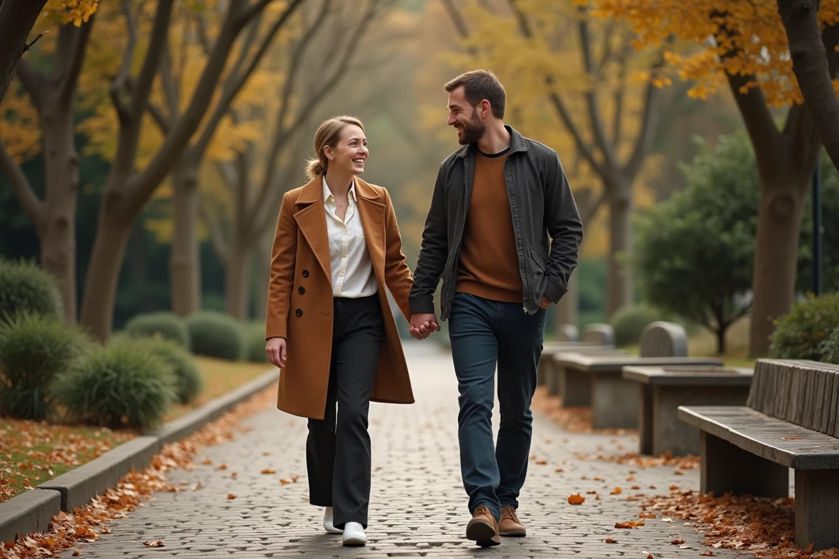 Couple se promenant dans un parc en automne pour célébrer leur anniversaire de mariage avec un rituel personnel
