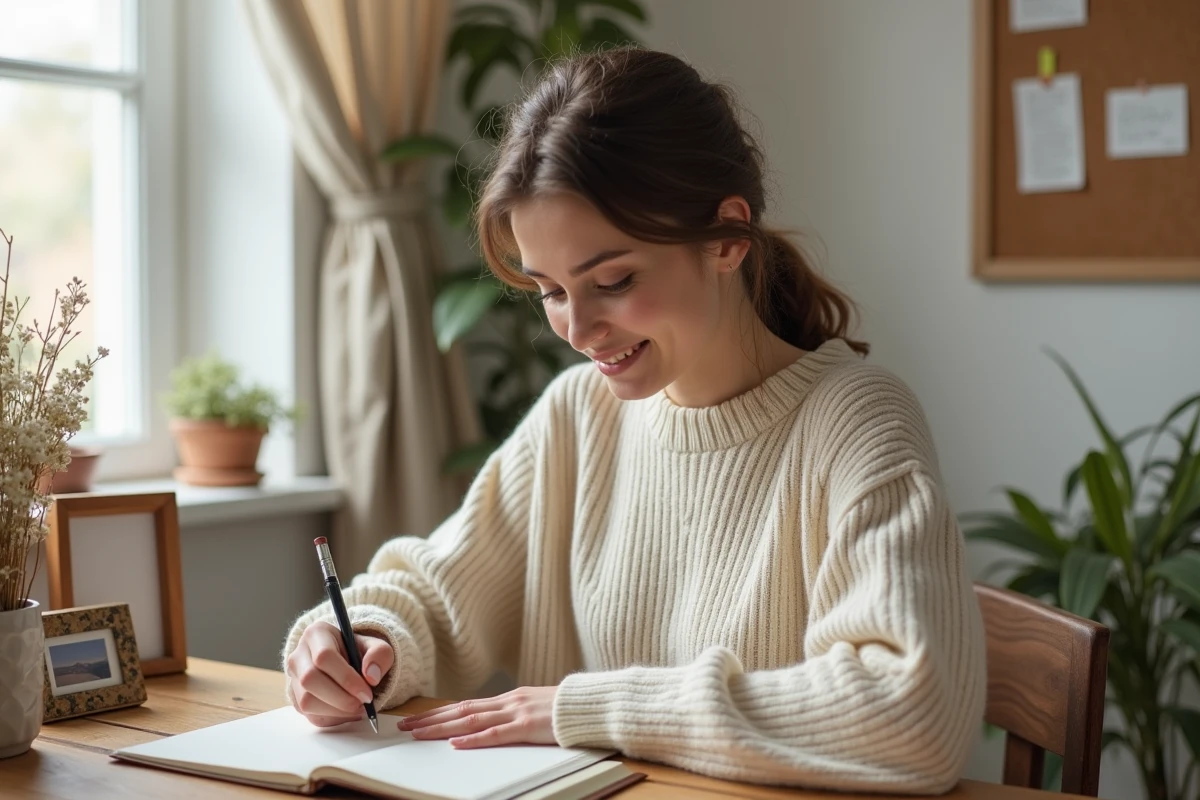 Femme écrivant dans un journal décoré pour créer un rituel de noces personnalisé à la maison