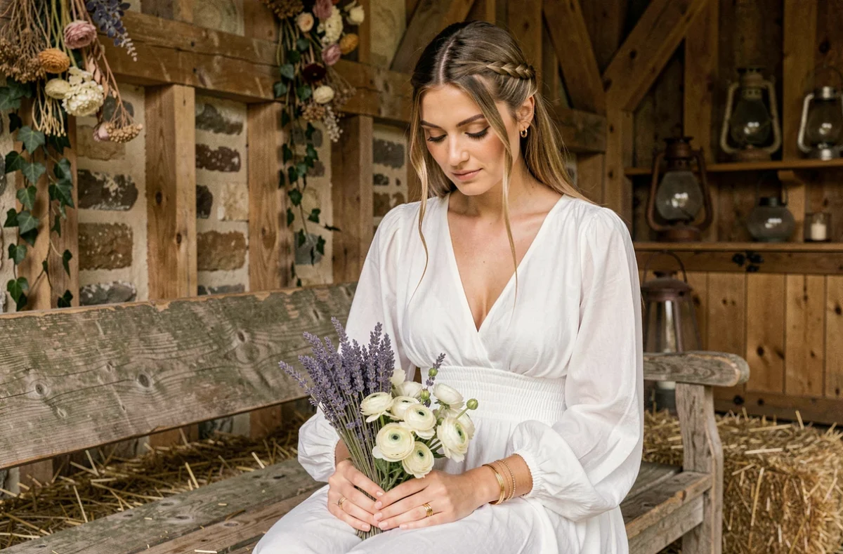 Mariée bohème en robe blanche manches bishop assise dans une grange rustique avec bouquet de fleurs séchées