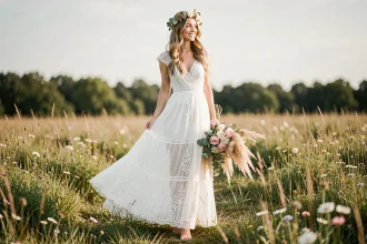 Mariée en robe blanche bohème longue avec dentelle et couronne florale dans un champ de fleurs sauvages