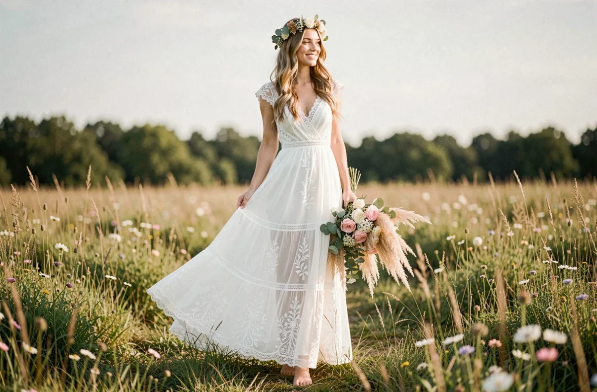 Mariée en robe blanche bohème longue avec dentelle et couronne florale dans un champ de fleurs sauvages