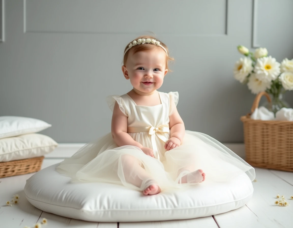 Bébé fille en robe de cérémonie ivoire en tulle avec nœud satiné, assise sur un coussin blanc lors d'un essayage à domicile